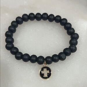Black Beaded Bracelet with Gold Cross Charm